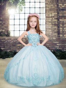Sleeveless Tulle Floor Length Lace Up Girls Pageant Dresses in Light Blue with Beading