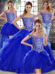 Noble Royal Blue Sleeveless Beading and Ruffles Lace Up Sweet 16 Dress