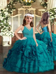 Teal Ball Gowns Organza V-neck Sleeveless Ruffled Layers and Hand Made Flower Floor Length Zipper Pageant Dress Wholesale