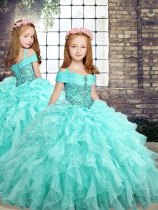 Floor Length Aqua Blue Little Girls Pageant Dress Straps Sleeveless Lace Up