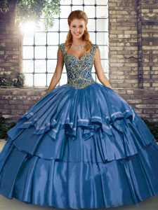Taffeta Straps Sleeveless Lace Up Beading and Ruffled Layers Sweet 16 Quinceanera Dress in Blue