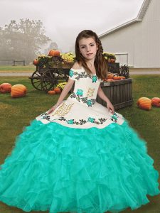 Turquoise Long Sleeves Lace Up Pageant Gowns For Girls for Party and Military Ball and Wedding Party