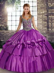 Purple Straps Neckline Beading and Ruffled Layers Quinceanera Gown Sleeveless Lace Up