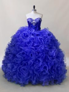 Designer Sleeveless Fabric With Rolling Flowers Floor Length Lace Up Vestidos de Quinceanera in Royal Blue with Ruffles and Sequins