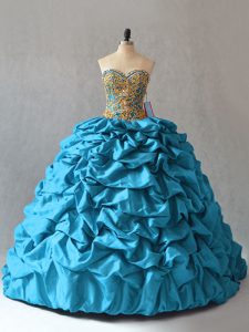 Glittering Lace Up Party Dress Aqua Blue for Sweet 16 and Quinceanera with Beading and Pick Ups Brush Train