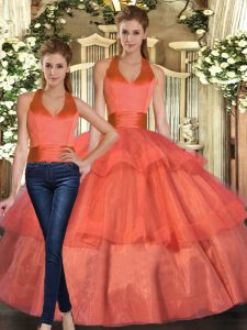 Cheap Floor Length Orange Quinceanera Dresses Organza Sleeveless Ruffled Layers