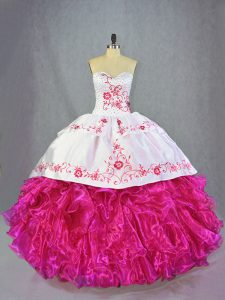 Hot Pink Lace Up Sweetheart Beading and Embroidery and Ruffles Sweet 16 Quinceanera Dress Organza Sleeveless Brush Train
