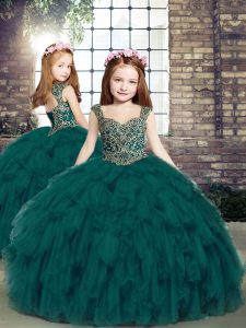 Teal Straps Lace Up Beading and Ruffles Kids Pageant Dress Sleeveless