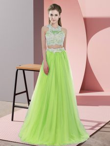 Discount Yellow Green Damas Dress Wedding Party with Lace Halter Top Sleeveless Zipper