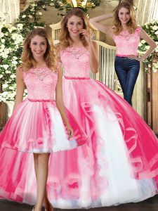 Hot Selling Floor Length Hot Pink Quinceanera Gown Tulle Sleeveless Lace and Ruffles