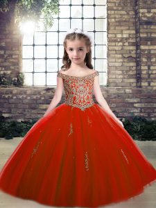 Floor Length Lace Up Pageant Dress for Womens Red for Party and Wedding Party with Beading and Appliques