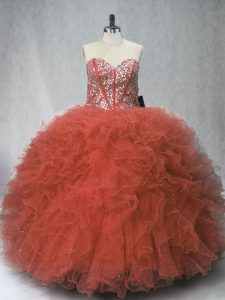 Charming Floor Length Lace Up Quince Ball Gowns Rust Red for Sweet 16 and Quinceanera with Beading and Ruffles