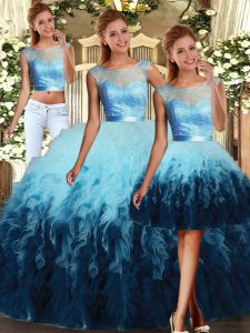 Multi-color Three Pieces Scoop Sleeveless Tulle Floor Length Lace Up Lace and Ruffles 15 Quinceanera Dress