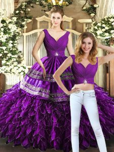 Pretty V-neck Sleeveless Organza Sweet 16 Quinceanera Dress Beading and Embroidery and Ruffles Backless