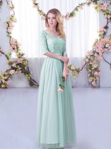 Enchanting Light Blue Empire Lace and Belt Quinceanera Dama Dress Side Zipper Tulle Half Sleeves Floor Length