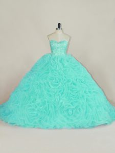 Aqua Blue Ball Gowns Sweetheart Sleeveless Fabric With Rolling Flowers Court Train Lace Up Beading and Ruffles Quince Ball Gowns