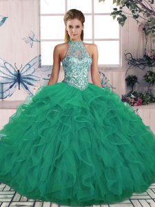 Dramatic Floor Length Turquoise Quinceanera Dresses Halter Top Sleeveless Lace Up
