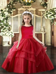 Customized Red Ball Gowns Tulle Scoop Sleeveless Ruffled Layers Floor Length Lace Up Pageant Dresses