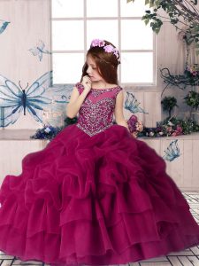 Beauteous Fuchsia Girls Pageant Dresses Party and Wedding Party with Beading and Pick Ups Scoop Sleeveless Lace Up