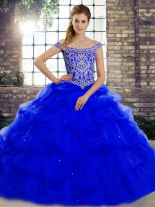 Beauteous Sleeveless Beading and Pick Ups Lace Up Sweet 16 Quinceanera Dress with Royal Blue Brush Train