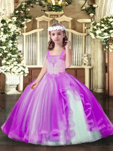 Customized Lilac Tulle Lace Up Straps Sleeveless Floor Length Kids Pageant Dress Beading