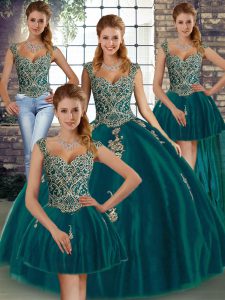 Pretty Peacock Green Sleeveless Floor Length Beading and Appliques Lace Up Ball Gown Prom Dress