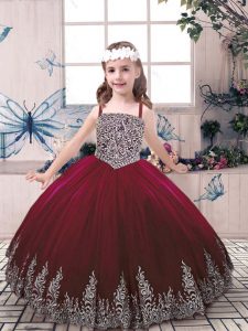Burgundy Tulle Lace Up Straps Sleeveless Floor Length Pageant Gowns For Girls Beading and Embroidery