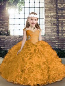Gold Ball Gowns Beading Little Girls Pageant Dress Lace Up Fabric With Rolling Flowers Sleeveless Asymmetrical