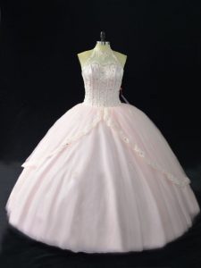 Beauteous Pink Sleeveless Tulle Lace Up Vestidos de Quinceanera for Sweet 16 and Quinceanera
