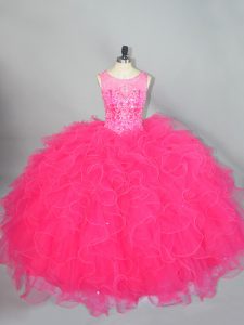 Ball Gowns 15 Quinceanera Dress Hot Pink Scoop Organza Sleeveless Floor Length Lace Up