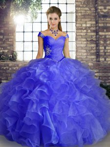 Blue Ball Gowns Beading and Ruffles Quinceanera Gown Lace Up Organza Sleeveless Floor Length