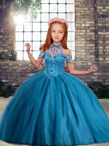 Adorable High-neck Sleeveless Lace Up Little Girl Pageant Dress Blue Tulle