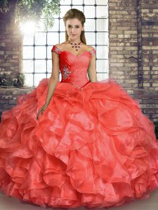 Ball Gowns Ball Gown Prom Dress Coral Red Off The Shoulder Organza Sleeveless Floor Length Lace Up