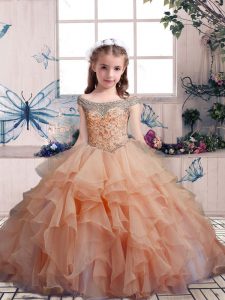 Floor Length Peach Pageant Gowns For Girls Organza Sleeveless Beading and Ruffles