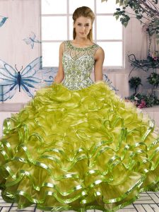 Modern Beading and Ruffles Quinceanera Dress Olive Green Lace Up Sleeveless Floor Length
