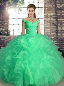 Graceful Floor Length Turquoise Quinceanera Dresses Off The Shoulder Sleeveless Lace Up