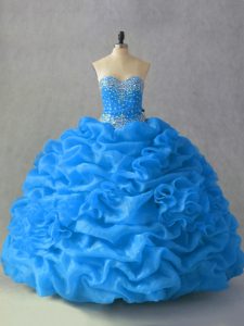 Blue Sweetheart Neckline Beading and Pick Ups and Hand Made Flower Quinceanera Gowns Sleeveless Lace Up