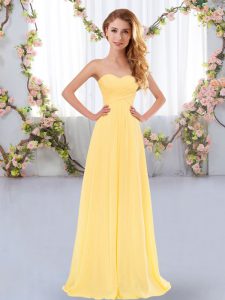 Glamorous Gold Empire Ruching Quinceanera Dama Dress Lace Up Chiffon Sleeveless Floor Length