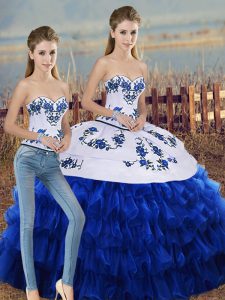 Artistic Royal Blue Lace Up Sweetheart Embroidery and Ruffled Layers and Bowknot 15th Birthday Dress Organza Sleeveless