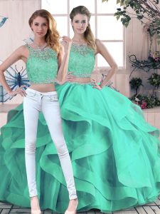Turquoise Ball Gowns Scoop Sleeveless Tulle Floor Length Zipper Beading and Ruffles Sweet 16 Dresses