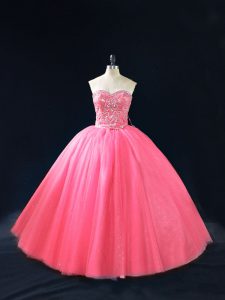 Sleeveless Tulle Floor Length Side Zipper 15th Birthday Dress in Hot Pink with Beading