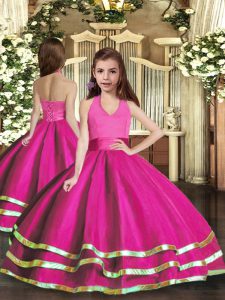 High End Fuchsia Organza Lace Up Halter Top Sleeveless Floor Length Custom Made Pageant Dress Ruffled Layers