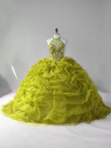 Charming Olive Green Ball Gowns Tulle Halter Top Sleeveless Beading and Pick Ups Lace Up Quince Ball Gowns Court Train