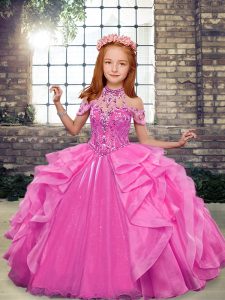 Fancy Floor Length Ball Gowns Sleeveless Rose Pink Little Girl Pageant Dress Lace Up