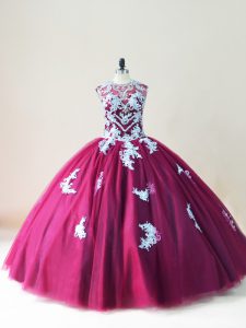Cute Burgundy Tulle Lace Up Scoop Sleeveless Floor Length 15 Quinceanera Dress Beading and Appliques