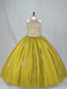 Fantastic Olive Green Lace Up 15th Birthday Dress Beading and Appliques Sleeveless Floor Length