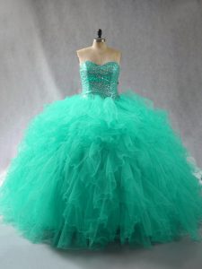 Most Popular Sweetheart Sleeveless Casual Dresses Floor Length Beading and Ruffles Turquoise Tulle