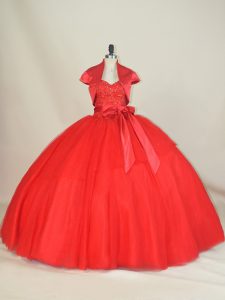 Inexpensive Red Ball Gowns Sweetheart Sleeveless Tulle Floor Length Lace Up Beading and Bowknot Quinceanera Dresses