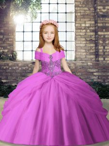 Customized Lilac Straps Neckline Beading Pageant Dress Sleeveless Lace Up