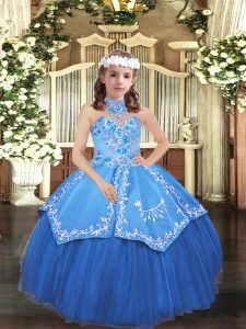 Pretty Blue Ball Gowns Embroidery Pageant Gowns For Girls Lace Up Tulle Sleeveless Floor Length